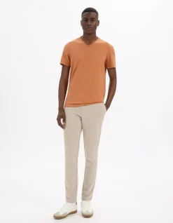 T-shirt slim V-hals 100% katoen stretch - bruin