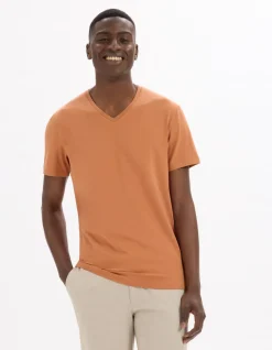 T-shirt slim V-hals 100% katoen stretch - bruin