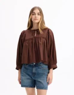 Tunesische halslijn katoenen blouse - bruin