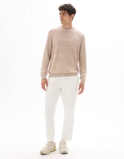 Tweekleurige linnenmix trui met ronde hals - beige