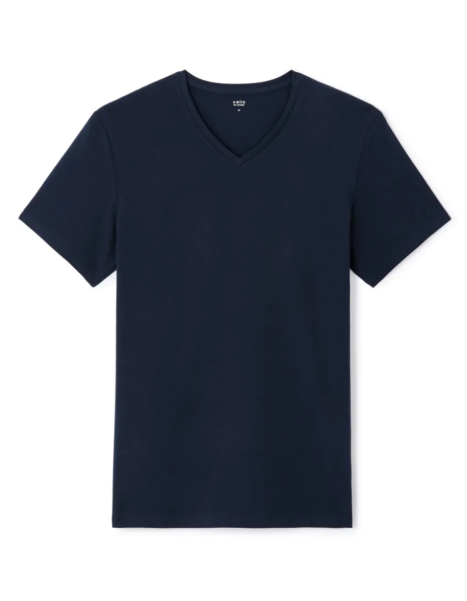 V-hals T-shirt van stretchkatoen - marineblauw