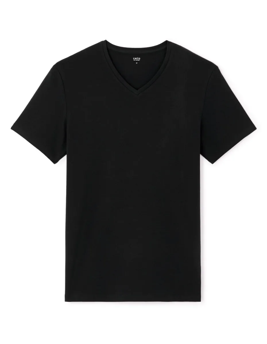 V-hals T-shirt van stretchkatoen - zwart