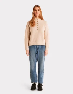 Warme katoenen trui met hoge kraag - beige