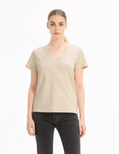 Zacht katoenen T-shirt met V-hals - beige