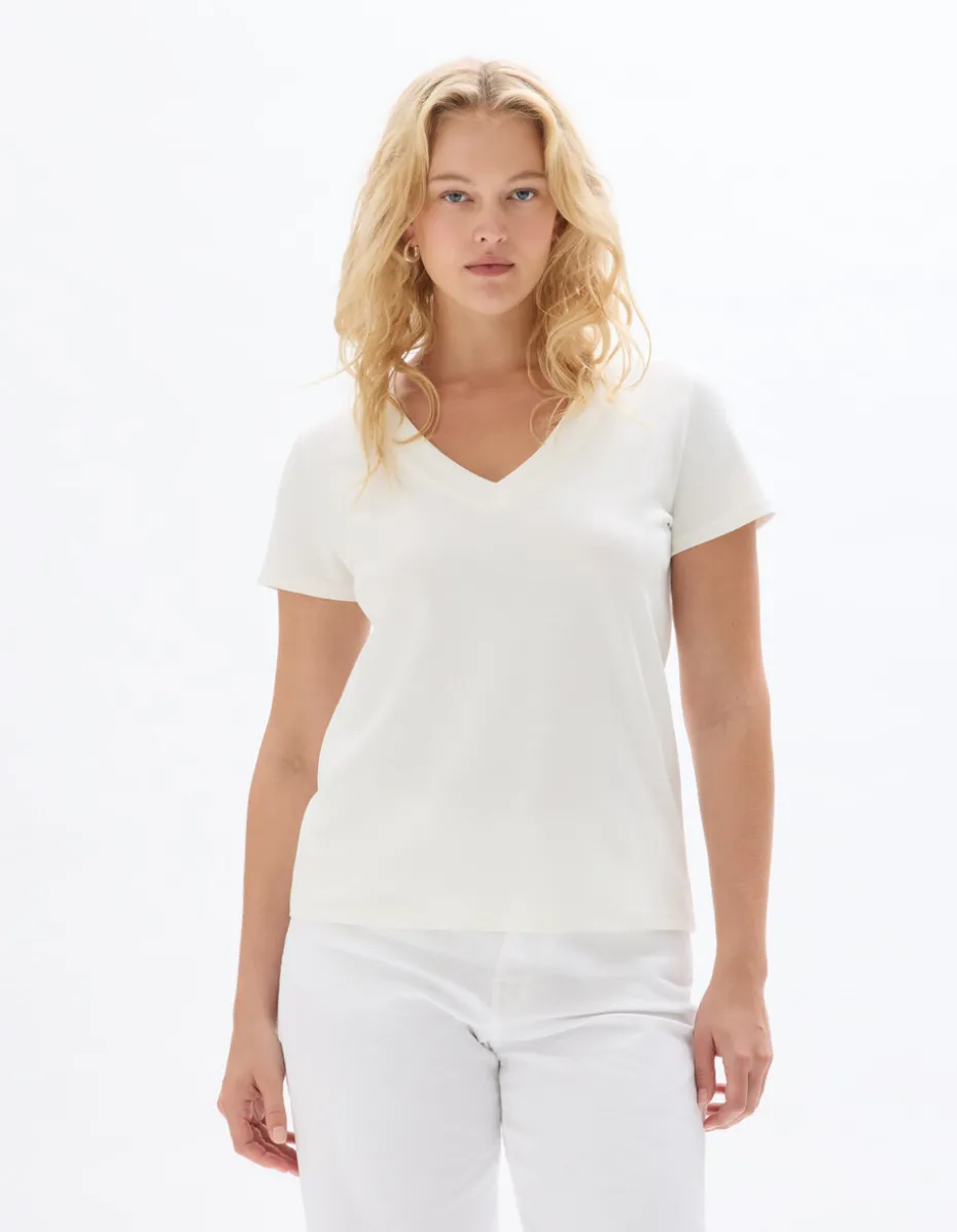 Zacht katoenen V-hals t-shirt - ecru