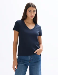 Zacht katoenen V-hals t-shirt - marineblauw
