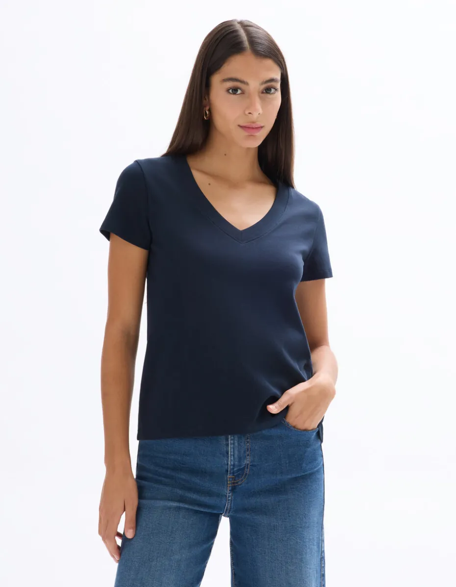Zacht katoenen V-hals t-shirt - marineblauw
