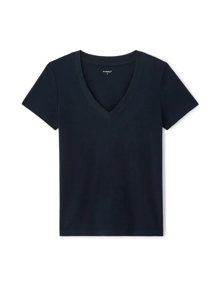 Zacht katoenen V-hals t-shirt - marineblauw