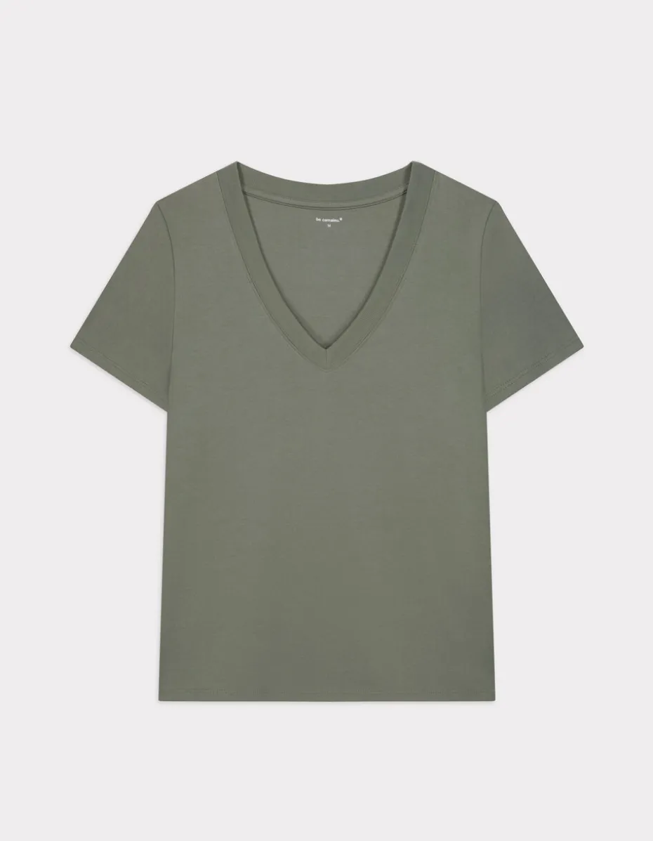 Zacht katoenen V-hals t-shirt - kaki